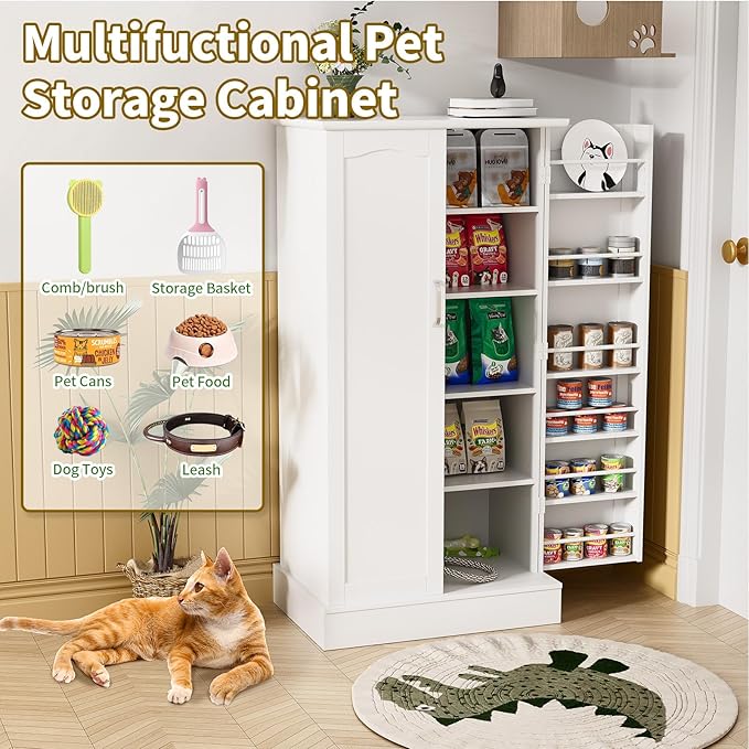 47" Dog Food Storage Cabinet with Doors and Adjustable Shelves, Freestanding Pet Storage Container Organizer for Living Room and Dinning Room, White
