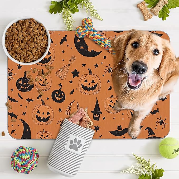 Halloween Dog Food Mat for Floors,Pumpkin Bat Absorbent Quick-Dry Pet Feeding Mat,Cat Dog Bowl Mats for Food and Water,Non-Slip Pet Accessories Supplies 12"x20"