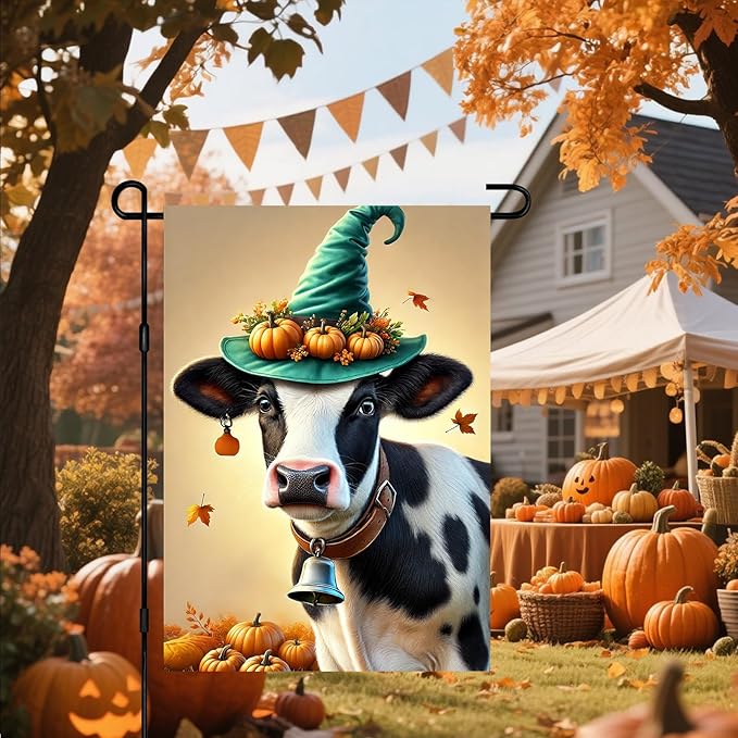 Happy Fall Garden Flag Halloween Flag Cute Cow Calf 12x18 Inch Witch Hat Pumpkins Autumn Leaves Festive Double Sided Outdoor Banner For Front Yard Porch Lawn Patio Seasonal Home Decor