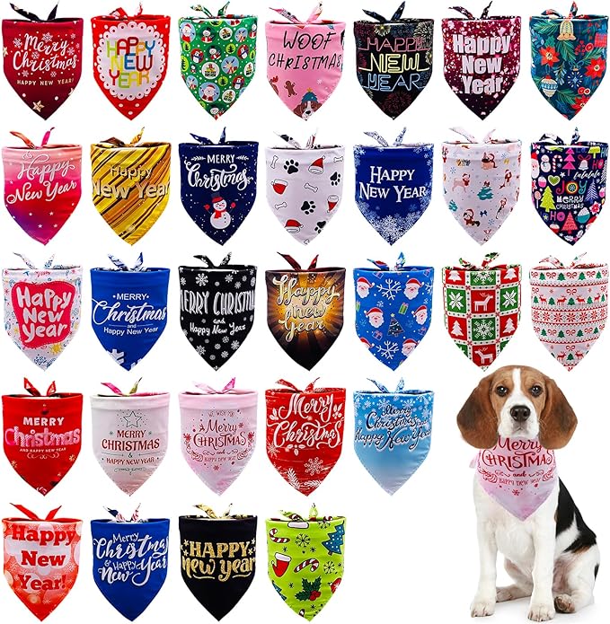 30 Pcs Christmas Happy New Year Dog Bandanas Bulk for Dogs Stitch Dog Bandanas Party Grooming M