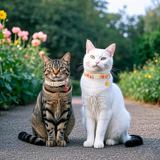 2 Pack Flower Cat Collars Breakaway with Bell, DOGWONG Safety Buckle Rose Floral Cute Cat Collar for Girl Boy Cats，Adjustable 7-12 Inch