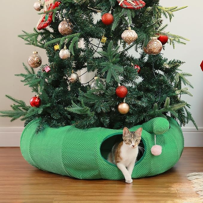 PEQULTI Cat Tunnel with Bed for Indoor Cats, Cat Play Donut Tunnel with Washable Soft Plush Flower Mat, Round Tube Toys Cute Tube for Kittens, Puppies, Rabbits and Ferrets, Green&Pink