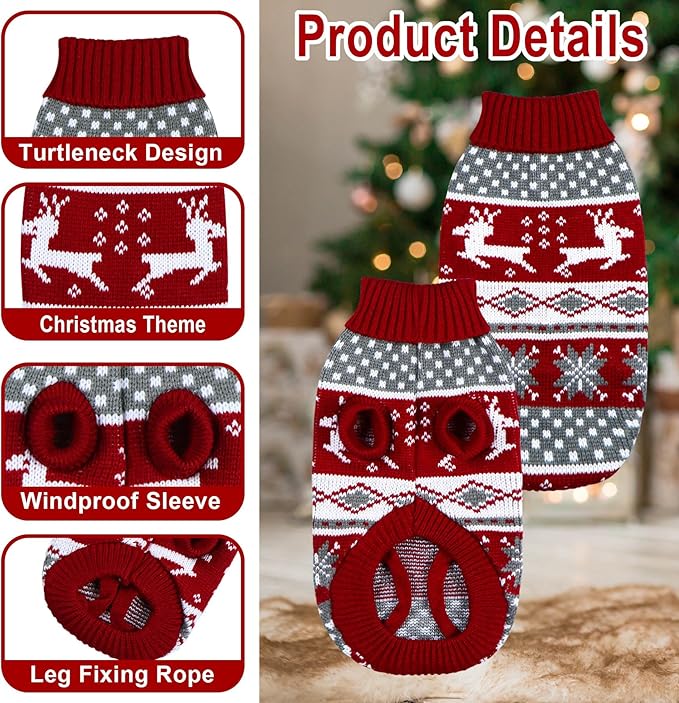 Cat Dog Christmas Sweater Pet Winter Warm Coat Pajamas Small Dog Sweaters Reindeer Snowflake Christmas Sweater for Large Cats Small Dogs (Reindeer, L)