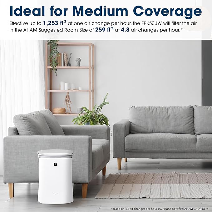 SHARP Air Purifier for Medium Rooms – Covers up to 1,253 sqft in one hour, True HEPA Filter Air Purifier for Pets, Dust, Smoke, Pollen - FPK50UW