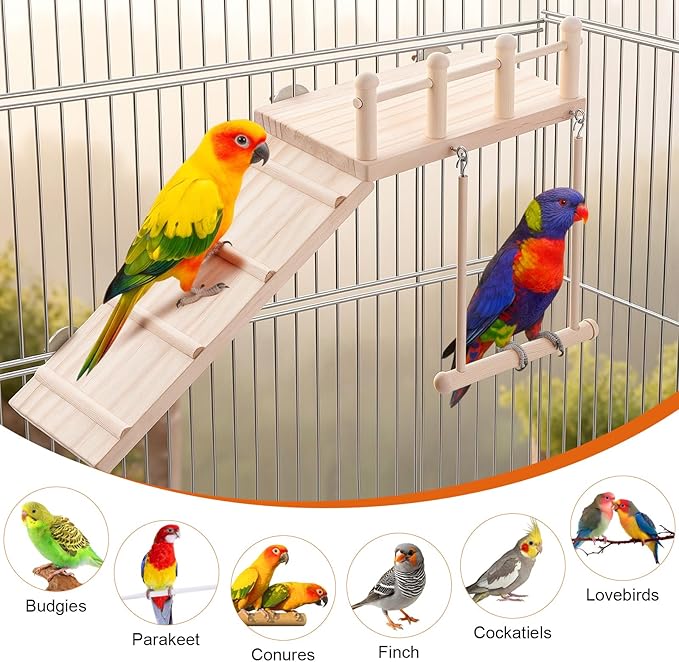 Wooden Bird Habitat Platform with Swing and Ladder - Sturdy Long Tailed Parrot cage Accessory, Suitable for Exercising and Entertaining Bird Games Gym - Perfect for Parrots, Canaries, Sparrows