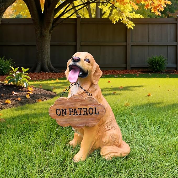 Golden Retriever Statue Outdoor Decorations – Dog Statues Outdoor Sitting Golden Retriever with Replaceable Solar Light & Welcome Sign for Lawn Décor