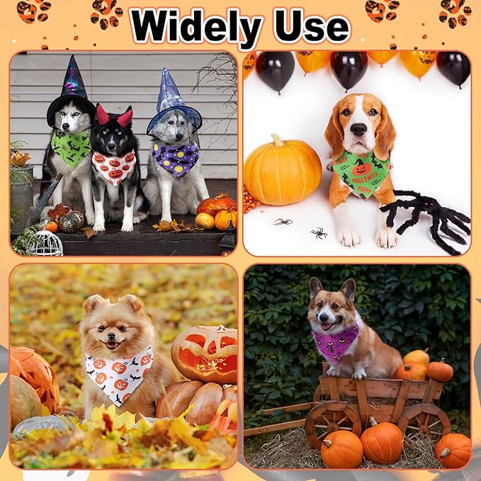 Sanwuta 120 Pcs Halloween Dog Bandanas Bulk Skeletons Pumpkin Bat Skull Ghost Spider Pet Costumes Scarf Washable Pet Scarves Adjustable Bibs for Small and Medium Pets, 30 Styles(Halloween)