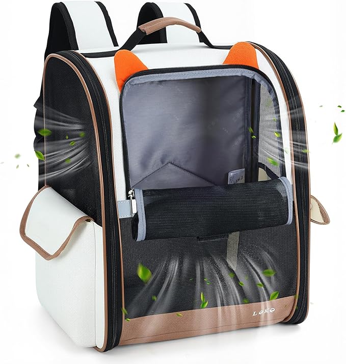 Lekereise Ventilated Dog Backpack Carriers, Cat Carrier Backpacks with Breathable Mesh for Small Cats Dogs Up to 17 Lbs, Pet Foldable Backpack Great for Travel Hiking Camping Outdoor Beige-Orange Ears
