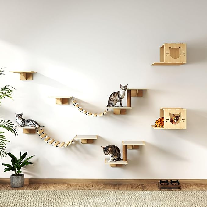 12-Pc Cat Wall Shelves, Cat Wall Furniture Set with Cat Bridge & Scratching Post, Large Wall Mounted Cat Tree Activity Center, Cat Climbing Wall for Indoor Cats Sleep & Scratch, Natural Pine