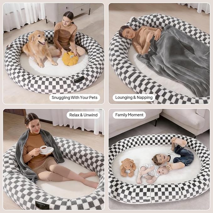 Human Dog Bed for Adults and Pets, 74"x50"x12" Plush Shared Bed, Waterproof & Machine Washable, Durable Anti-Slip Base with Portable Handle & Storage Pockets for Indoor Use, Dark Grey Grid