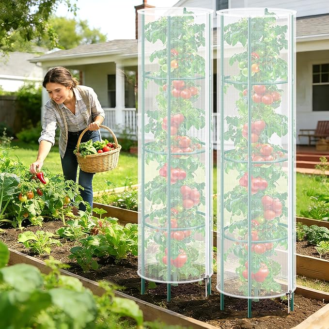 3 Pack Garden Bird Netting Plant Cover for Round Tomato Cage, 61"x13" Insect Bird Barrier Tomato Cage Net with Zipper & Drawstring, Tomato Trellis Netting Protection Cover for Protecting Plants