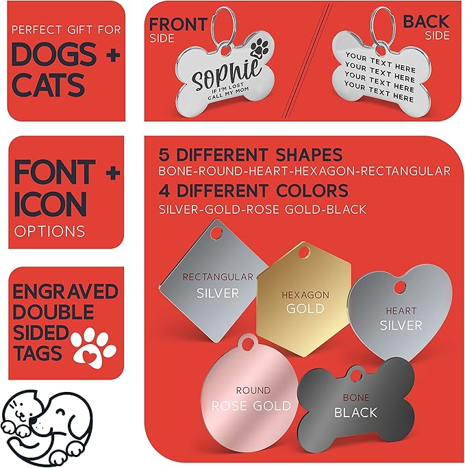 Stainless Steel Engraved Pet ID Tags for Dogs - 4 Color & 5 Shape Options, Up to 7 Lines, Personalized w/ 20 Icons, Name, Address, Phone Number #Bone