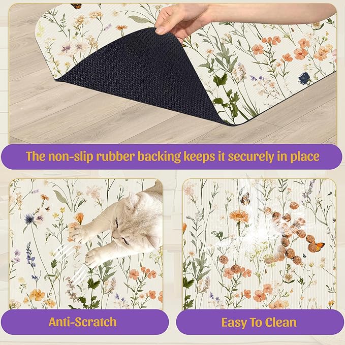 Vintage Wildflowers Herbs Pet Feeding Mat, Absorbent Bowl Pad, Quick Dry, Non-Slip Base, No Stains – 12x20 Inch