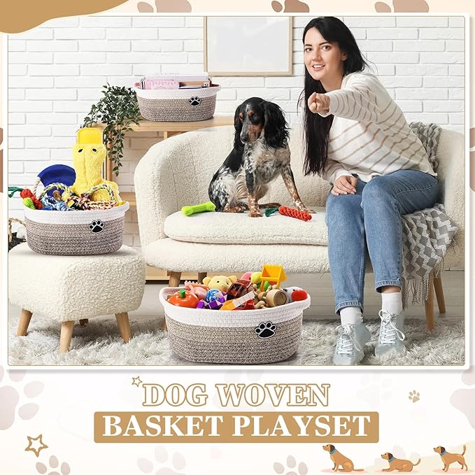 Zopeal Puppy Dog Toy Gift Storage Basket with Dog Toys Set Chew Toys Birthday Gift Basket Teething Interactive Squeaky Duck for Teething Small Medium Large Dogs(Khaki)