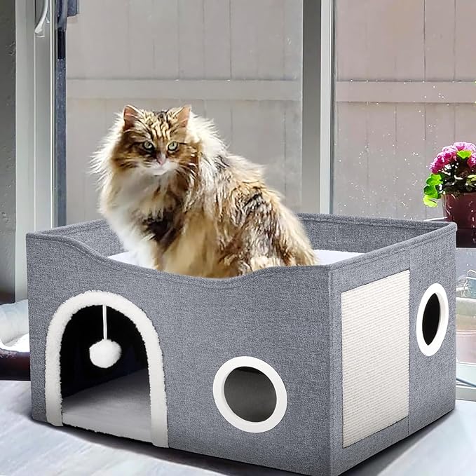 Heeyoo Cat House for Indoor Cats - Large Cat Bed Cave with Fluffy Ball and Scratch Pad, Foldable Cats Houses & Condos, Cat Hideaway, Covered Kitty Bed for Multi Small Large Kitty, 23.8x15.9x13.2 Inch