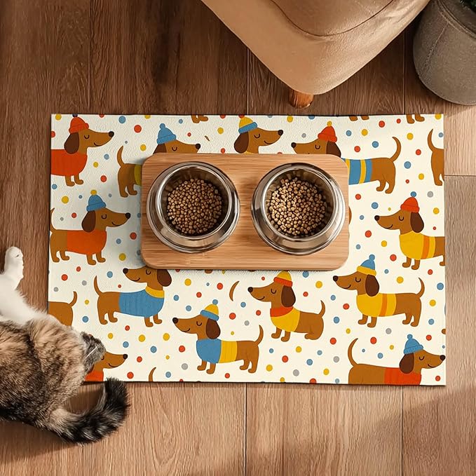 Adorable Dachshund Puppy Pet Food Mat with Colorful Polka Dot Pattern Pet Bowl Mat for Dogs and Cats Non Slip Feeding Mats Easy Clean Fast Dry Cat and Dog Feedings Mats 20" x 12"