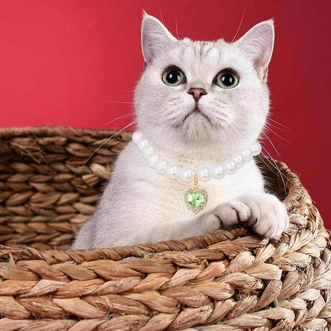 2pcs Cat Pearl Collar with Heart Pendant, Cute Pearl Pet Necklace in Small, Adjustable Wedding Party Small Dog Jewelry Accessories for Puppy Kitten- White & Green