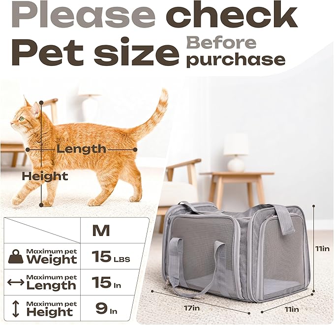 Pet Carrier for Cats, Rabbits, Guinea Pigs – Airline Approved Soft-Sided Travel Bag, Lightweight Dog Carrier, Ventilated & Foldable (Grey, Medium)