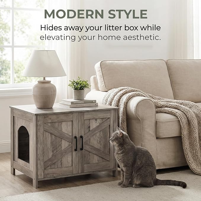 Homhedy Cat Litter Box Enclosure, Wooden Cat Washroom Furniture with Barn Door, Pet House, Fit Most of Litter Box, Greige
