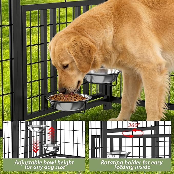 LOVMOR Outdoor Dog Kennel with Roof, Heavy Duty Steel Dog Run Enclosure for Medium Dogs, Waterproof Canopy, Double Latch Door, Adjustable Feeding Bowls, Pet Pen for Yard and Patio, 8’L x 4’W x 5.6’H