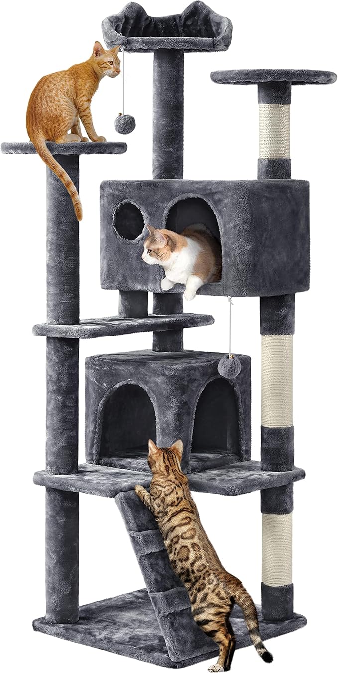 Yaheetech 62in Cat Tree Cat Tower for Indoor Kitty, Pet Furniture w/Double Condo, Scratching Posts, Multiple Platforms and Balls for Kittens, Dark Gray