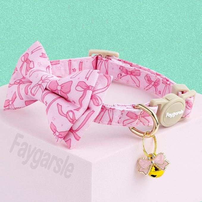 Faygarsle 2 Pack Pink Bow Pattern Cat Collar Set with Bandana and Bowtie, Breakaway Safety Collar with Bell Spring Summer Design for Girl Cats