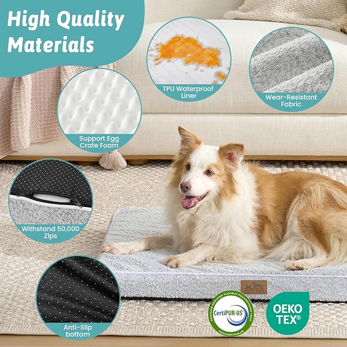 Dog Crate Bed for Medium Small Size Dogs, Rectangular Orthopedic Dog Beds, Foam Anti-Slip Bottom Pet Mat with Washable Removable Cover, Suitable for Pet Up to 40 lbs, 30x20x3 inch, Grey