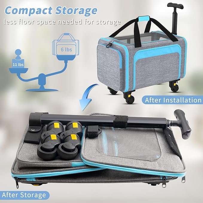 Rolling Pet Carrier with Detachable Wheels - 18x11x11 TSA Airline Approved for Southwest Delta United American, Soft Sided Expandable Travel Bag for Small Dogs & Cats up to 15Lbs, Fits Under Seat
