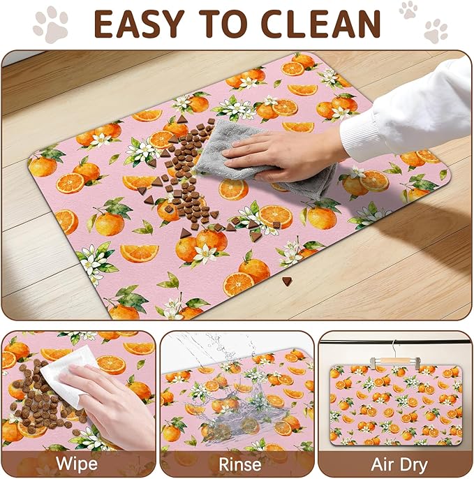 Dog Food Mat for Bowls, Absorbent Quick Dry Dog Cat Mats for Food and Water, Non-Slip Backing Pet Mat Pet Supplies - Orange Pattern