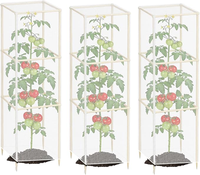 Klmnop 3 Pcs Tomato Cage Cover, Bird Netting for Square Tomato Cage, 15.7" x 15.7" x 49" Plant Cover with Zipper & Drawstring, Garden Bird Barrier Protection for Tomato Plants(Cover Only, White)