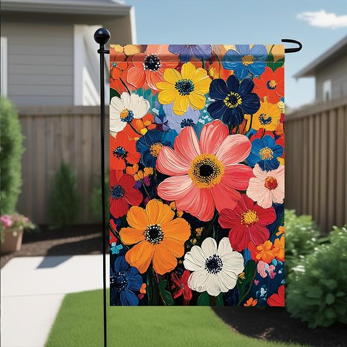 Garden Flag Colorful Flower Field Oil Painting Style Yard Welcome Banner Double Sided Spring Summer Outdoor Decoration for Lawn Patio Artistic Floral Seasonal Garden Decor 12 x 18 Inch