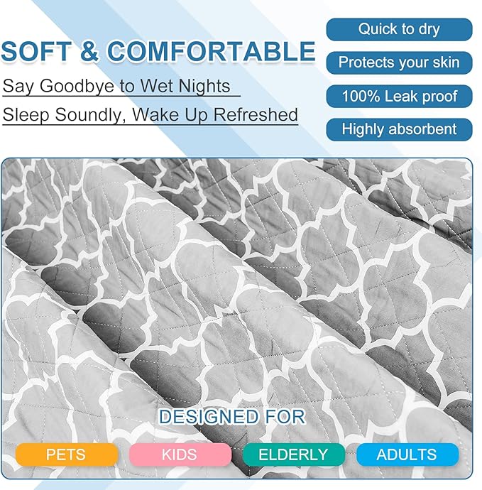 OUTCREATOR® Washable Bed Pads 34" x 76" (Pack of 2), Incontinence Mattress Protector, Anti-Slip Waterproof Underpads for Adults Kids Elderly Pets, Absorbency & Reusable Bedwetting Pads (Gray)