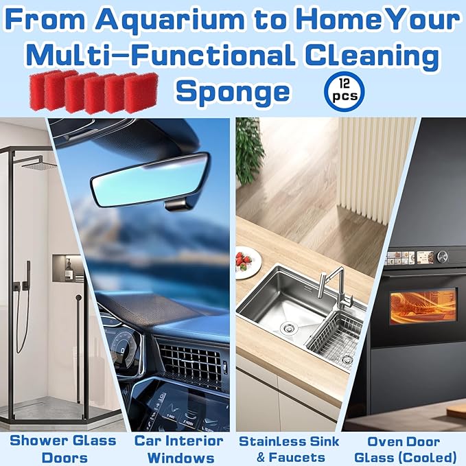 12-Pack Aquarium Glass Cleaner Sponges 3.25" x 3.25" x 1", Non-Scratch Scrubber Pads, Thick & Durable, Safe for Glass Fish Tanks for Crystal Clear View (Red)