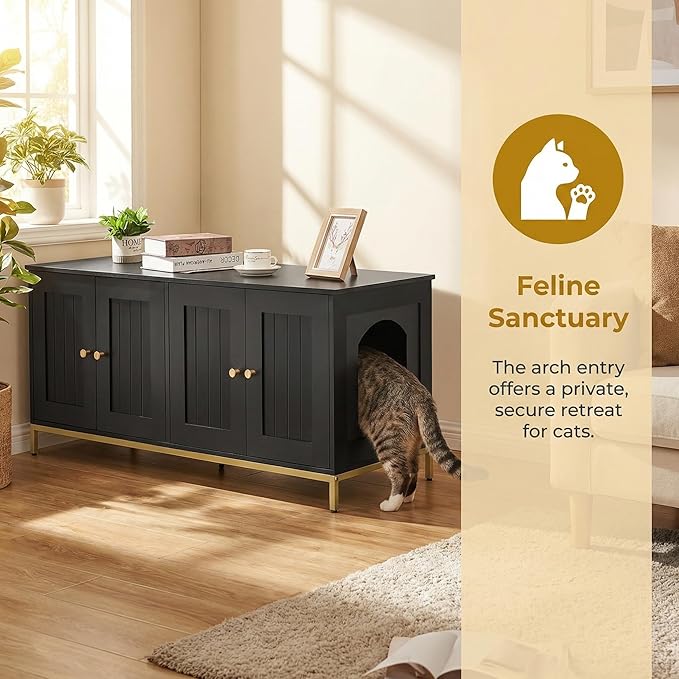 Homhedy Cat Litter Box Enclosure for 2 Cats, Cat Washroom Furniture with Double Room, Pet House with Metal Frame, 47.2”L x 17.7”W x 21.7”H, Black and Gold