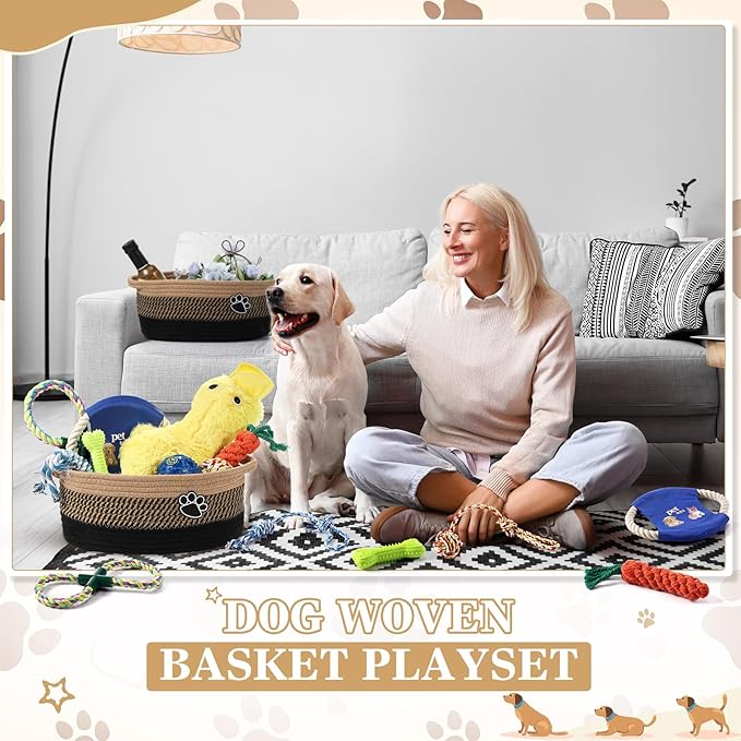 Zopeal Puppy Dog Toy Gift Storage Basket with Dog Toys Set Chew Toys Birthday Gift Basket Teething Interactive Squeaky Duck for Teething Small Medium Large Dogs(Black)