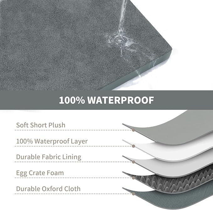 Comfort Dog Bed for Small Dogs & Cats, Waterproof Dog Crate Mat Orthopedic Egg Crate Foam with Washable Removable Cover, Gray