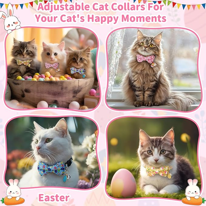 3 PCS Easter Cat Collars with Bow Tie and Bell, Spring Cat Collars Eggs Rabbit Pattern Breakaway Adjustable Cat Bow Tie Collars, Cute Bow Tie Suitable for Kittens Or Certain Puppies