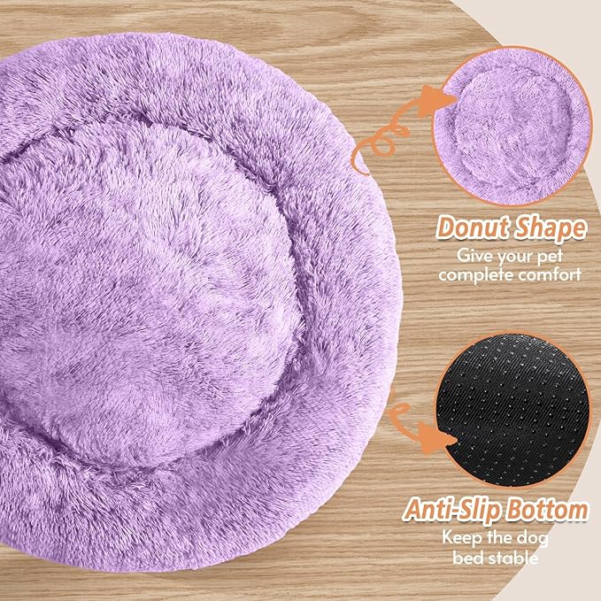 JOLLYVOGUE Calming Dog Bed Large Size Dog, Anti-Anxiety Donut Large Pet Bed, 36 inches Fluffy Faux Fur Round Cat Bed, Fits up to 75 lbs Pets (Purple)