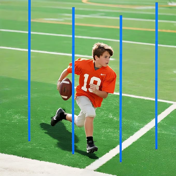6 Pcs Soccer Agility Poles for Training, 5 FT Adjustable Speed and Agility Training Equipment for Football/Basketball/Horse/Dog Practice, Soccer Sticks with Steel Ground Nails Outdoors