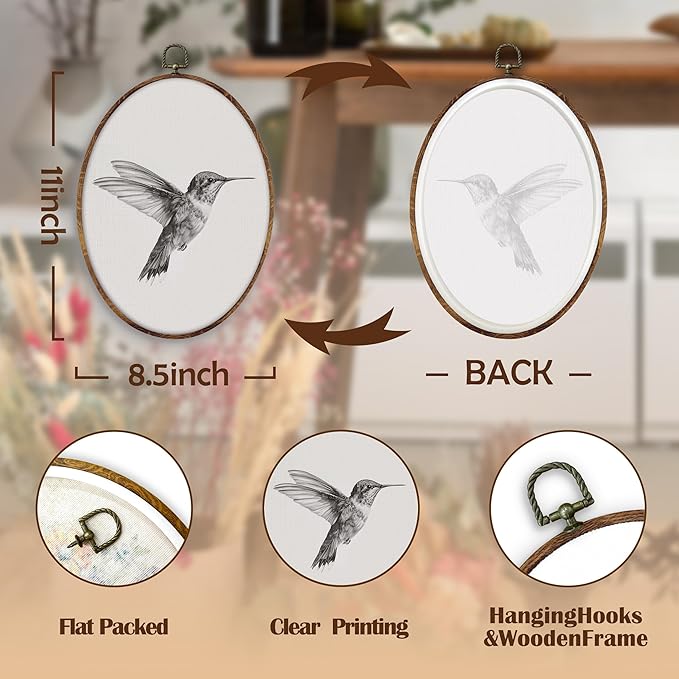 DILSJ Vintage Hummingbird Sketch Oval Wall Art Decor, Rustic Farmhouse Hummingbird Canvas Wall Art Framed, Neutral Bird Hanging Decorations for Home Living Room Bedroom, 11x8.5 Inch