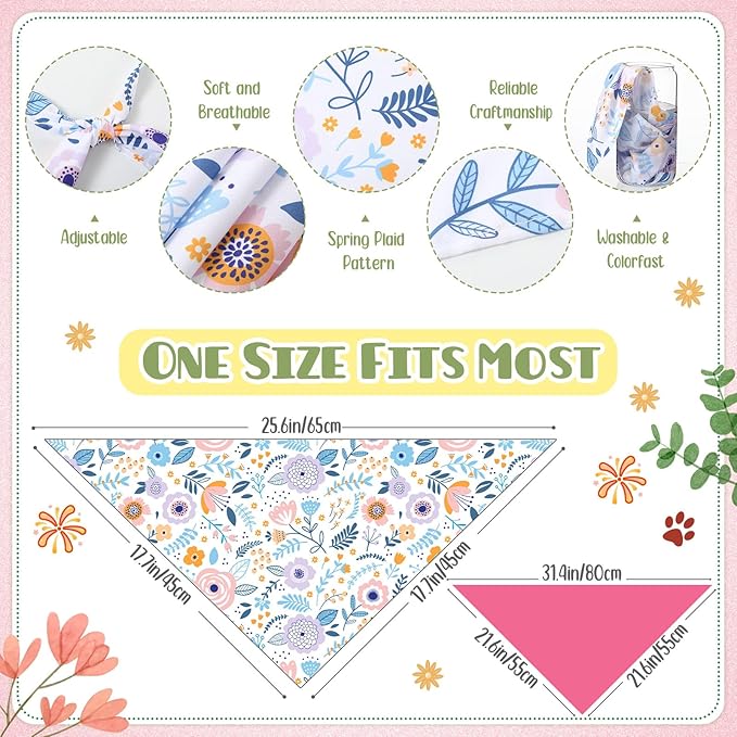 Kacctyen 50 Pcs Spring Dog Bandanas Bulk Bandanas for Dogs Grooming with Spring Flowers Bees Adjustable Pet Triangle Scarf Bib Washable for Small Medium Large Puppy Cats Pets Costume Accessories