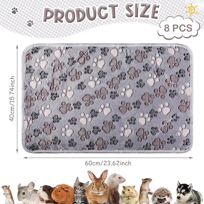 Tegeme 8 Pcs Fleece Dog Blankets for Small Dogs Cat Soft Coral Velvet Warm Sleep Mat Fluffy Dog Paw Print Blanket for Kitten Doggy Small Animal(24 x 16 Inch,Gray)