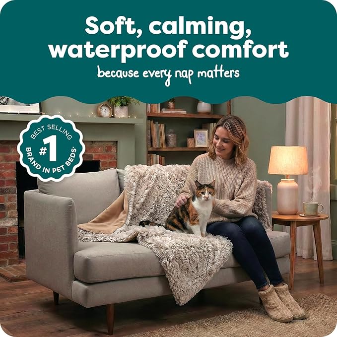 FurHaven Waterproof Throw Blanket for Dogs & Indoor Cats, Reversible Protective Pet Blanket, Medium, Long Faux Fur & Velvet, Driftwood