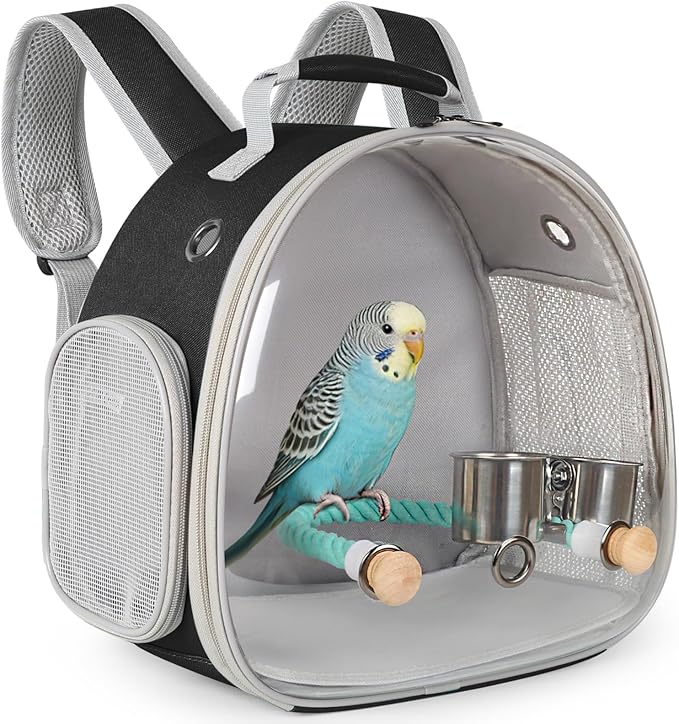Small Bird Travel Backpack Carrier Cage with Cups, Backpack to Transport Backpack Carrier with Clamp Cups Stand Perch for Parakeet Cockatiel Budgies Vet Carry Book Bag Black