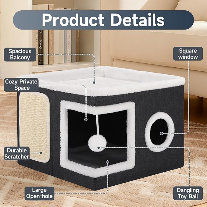 Shikha Cat Beds for Indoor Cats, Large Cat Cave with Cozy Condo, Fluffy Ball, Round Window, Foldable Indoor Cat House Hold Up to 30LBS, Cat Hideaway with Reversible Cushions for All Seasons, Black