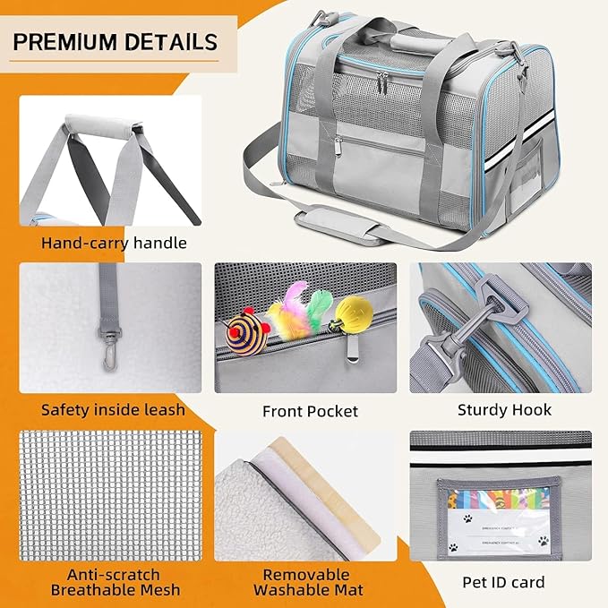 Soft-Sided Cat Carrier for Pets Up to 15lbs, Airline Approved Under-Seat Travel Carrier, 17x12x11 Inch, TSA Approved with Collapsible Bowl, Breathable Mesh & Removable Pad, Lightgrey