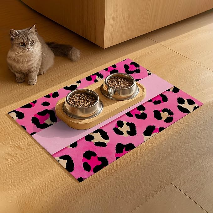 Puppy Feeding Mat 20x12 inch Pink Leopard Print Dog Bowl Placemat Non Slip Mat for Pet Food and Water Small Dog Feeding Area Indoor Puppy Feedings Station Pet Meal Mats for Kitchen