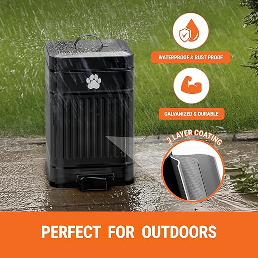 Pupzle Small Dog Poop Trash Can Outside, 1.3 Gal Metal Dog Waste Trash Can, Small Poop Bucket Outdoor with Lid, Poo Container Bin Waterproof Backyard Odor Control, 30 Bags (Black)