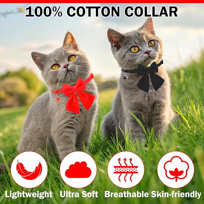 Cat Collar Breakaway with Bells, Soft Pure Cotton Bowtie Collar for Girl Boy Cats, 2 Pack Cute Personalized Small Kitten Collars with Bow for Weddings Parties, Red and Black, 8-12 Inch