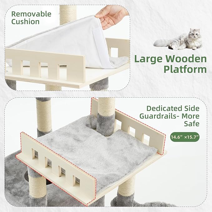 Cat Tree for Indoor Cats Large Adult, Heavy Duty Cat Tree for Large Cats 20 lbs+, Cat Condo with Big Wooden Perch, Cat Tower with 14 Scratching Posts, Hammock, Light Gray GCT023W